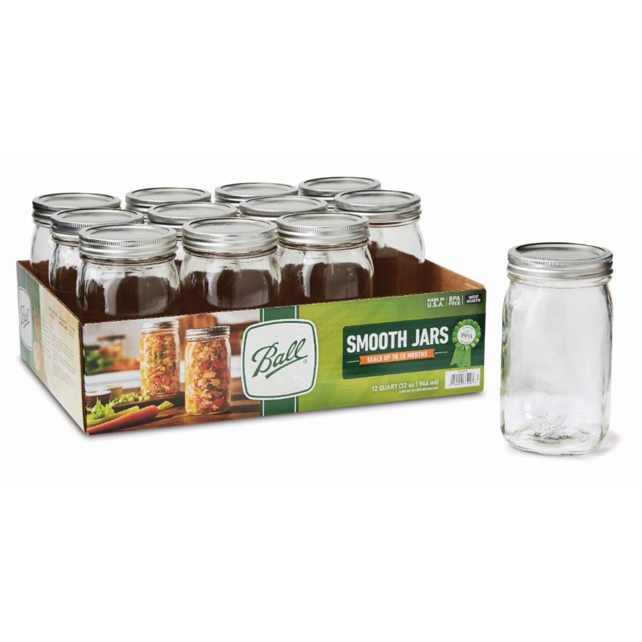 Ball Wide Mouth Smooth Sided Quart Canning Jars USA Made Case of 12